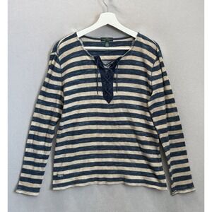 Vintage Ralph Lauren LRL Women's XL Blue Stripe Front Criss Cross‎ Tie L/S Shirt